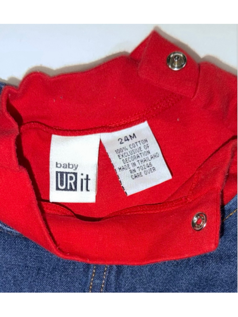 UR it Girls Blue Denim Red Jumper Dress 24 Months Flower Pocket Button Baby - Picture 4 of 9